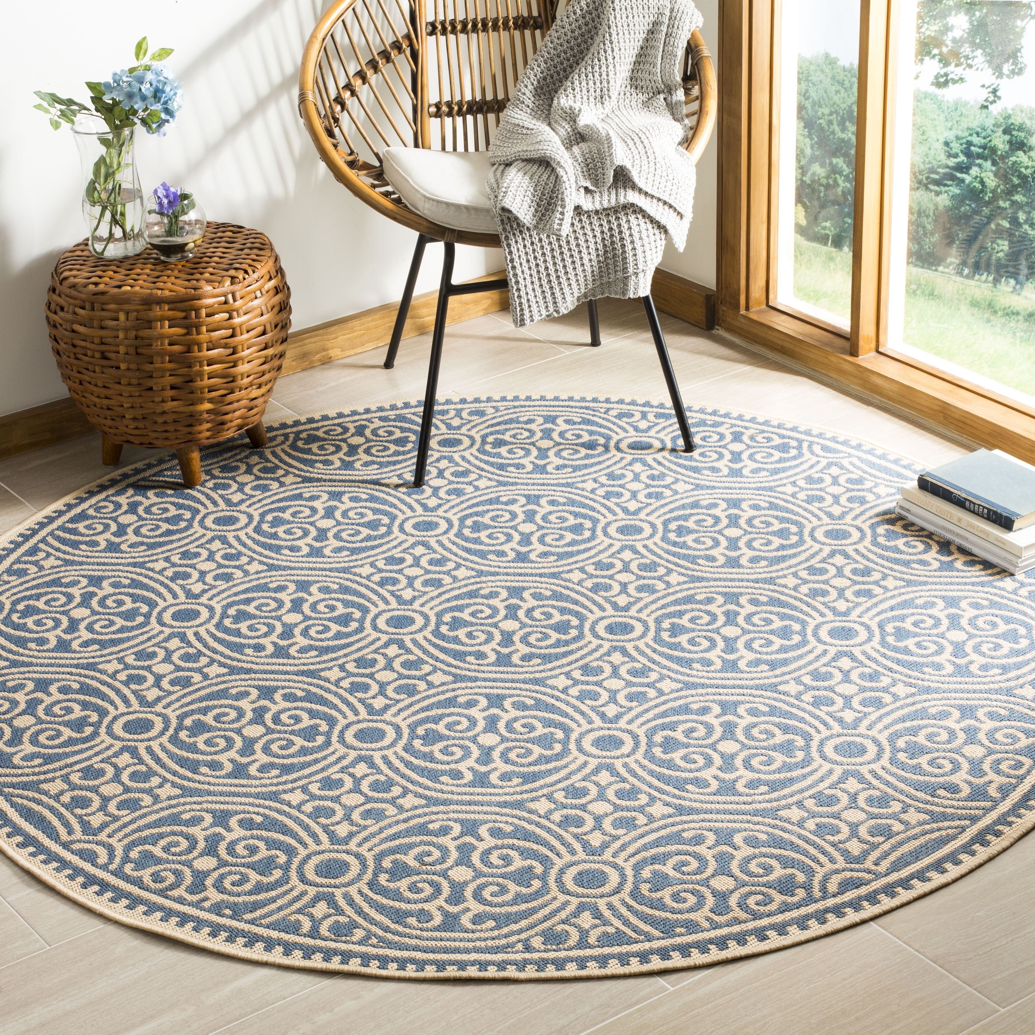 Arlo Home Indoor/Outdoor Woven Area Rug, LND134N, Cream/Blue,  6' 7" X 6' 7" Round - Image 1