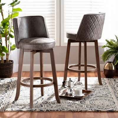 Johnnel Modern Transitional Distressed Grey Fabric Upholstered And Walnut Brown Finished Wood 2-Piece Bar Stool Set - Image 0