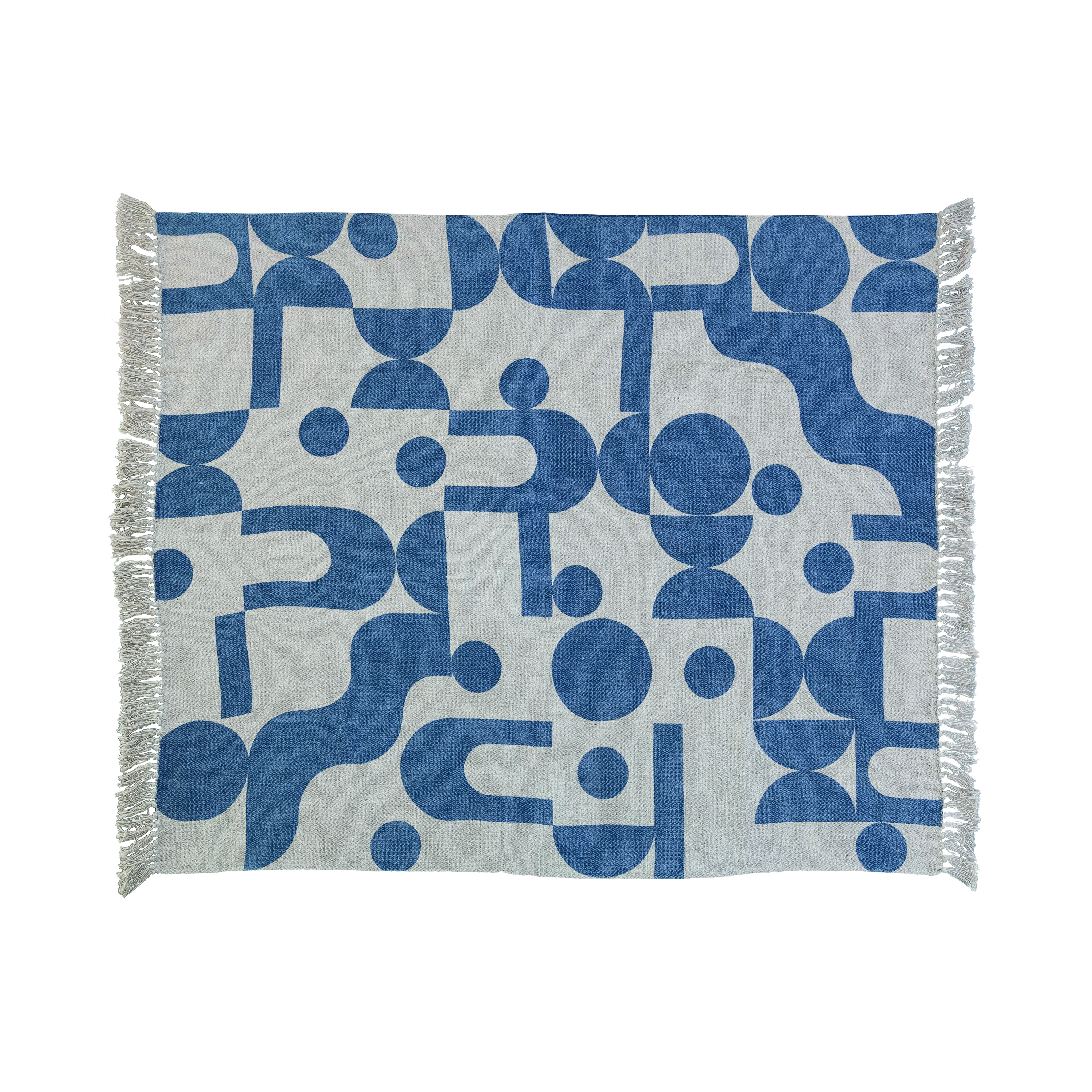 Woven Reclaimed Cotton Blend Printed Throw Sheet with Abstract Design and Fringe, Blue and Beige - Image 0