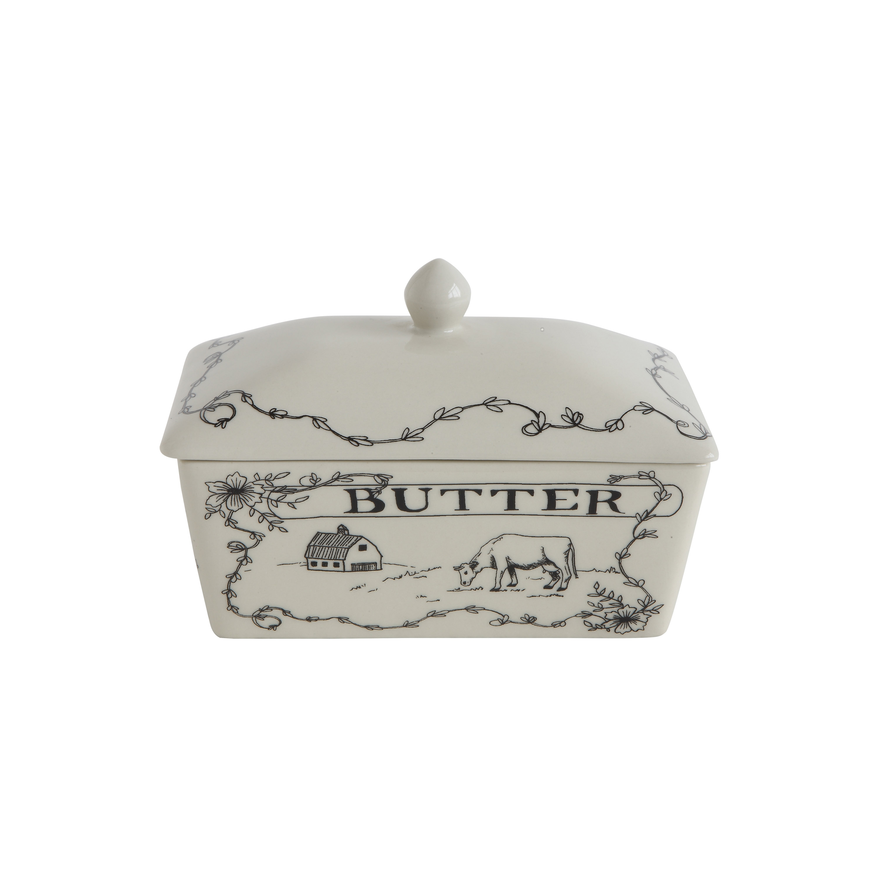 Country Stoneware Butter Dish with Lid, "Spread the Love" Message, and Farm Line Drawing, White and Black - Image 0