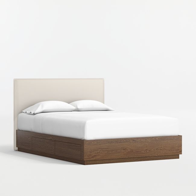 Noa Cream Upholstered Flange Kids Full Headboard with Deep Brown Wood Storage Base - Image 0