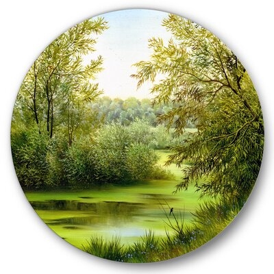 Green Pond With Spring Trees - Country Metal Circle Wall Art - Image 0