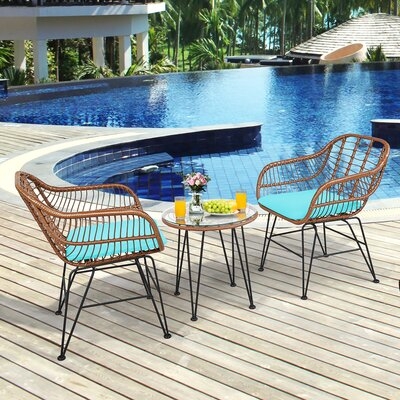 George Oliver 3pcs Patio Rattan Bistro Set Coffee Table Armchair Garden Red Cushion - Image 0