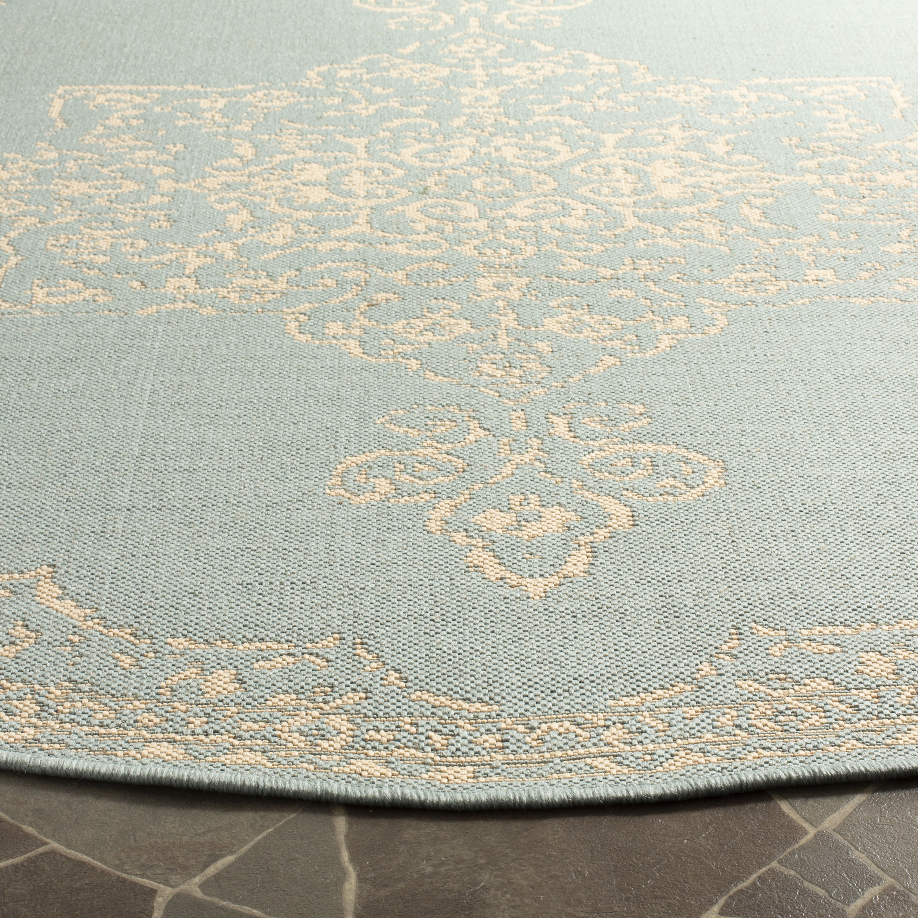 Arlo Home Indoor/Outdoor Woven Area Rug, LND180L, Cream/Aqua,  6' 7" X 6' 7" Round - Image 2