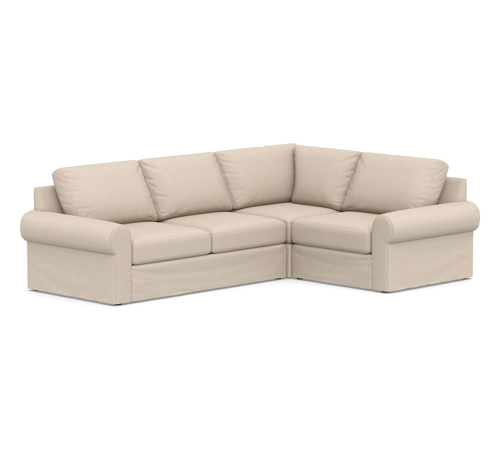 Big Sur Roll Arm Slipcovered Left Arm 3-Piece Corner Sectional, Down Blend Wrapped Cushions, Sunbrella(R) Performance Sahara Weave Oatmeal - Image 0