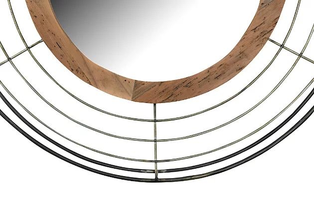 Round Wall Mirror with Wood Frame and Metal Wire Surround - Image 2