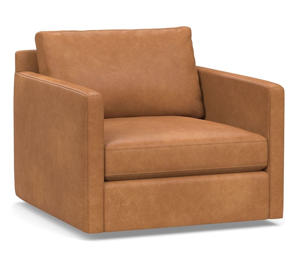 Pacifica Square Arm Leather Swivel Armchair, Polyester Wrapped Cushions, Churchfield Camel - Image 0