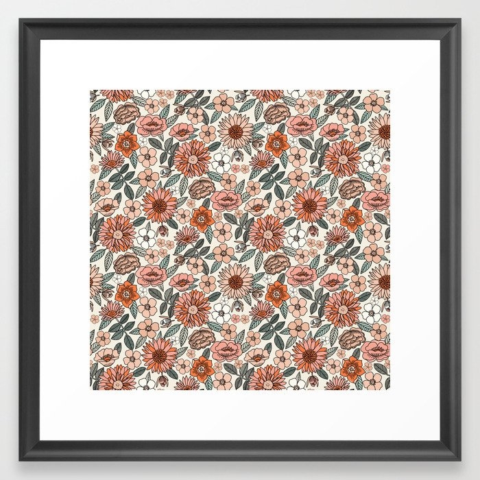 70s Flowers - 70s, Retro, Spring, Floral, Florals, Floral Pattern, Retro Flowers, Boho, Hippie, Earthy, Muted Framed Art Print by Charlottewinter - Scoop Black - Medium(Gallery) 20" x 20"-22x22 - Image 0