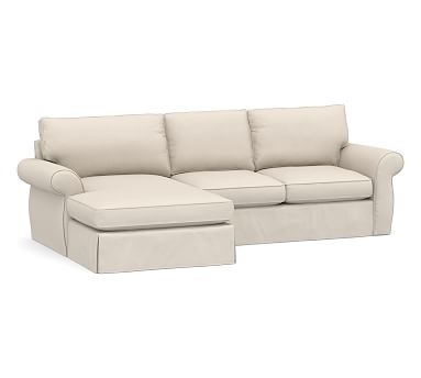 Pearce Roll Arm Slipcovered Right Arm Loveseat with Double Wide Chaise Sectional, Down Blend Wrapped Cushions, Performance Brushed Basketweave Oatmeal - Image 0