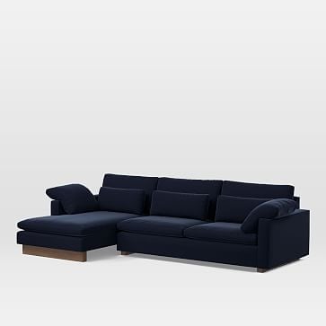 Harmony Sectional Set 10: Right Arm 2 Seater Sofa, Left Arm Chaise, Down Blend, Distressed Velvet, Ink Blue, Walnut - Image 0