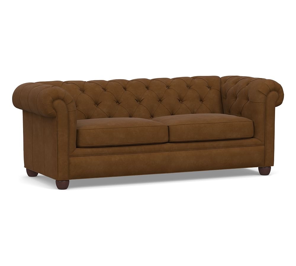 Chesterfield Roll Arm Leather Sofa 86", Polyester Wrapped Cushions, Aviator Umber - Image 0