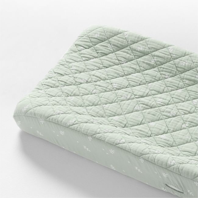 Supersoft Muted Teal Leaf Print Organic Cotton Gauze Baby Changing Pad Cover - Image 0