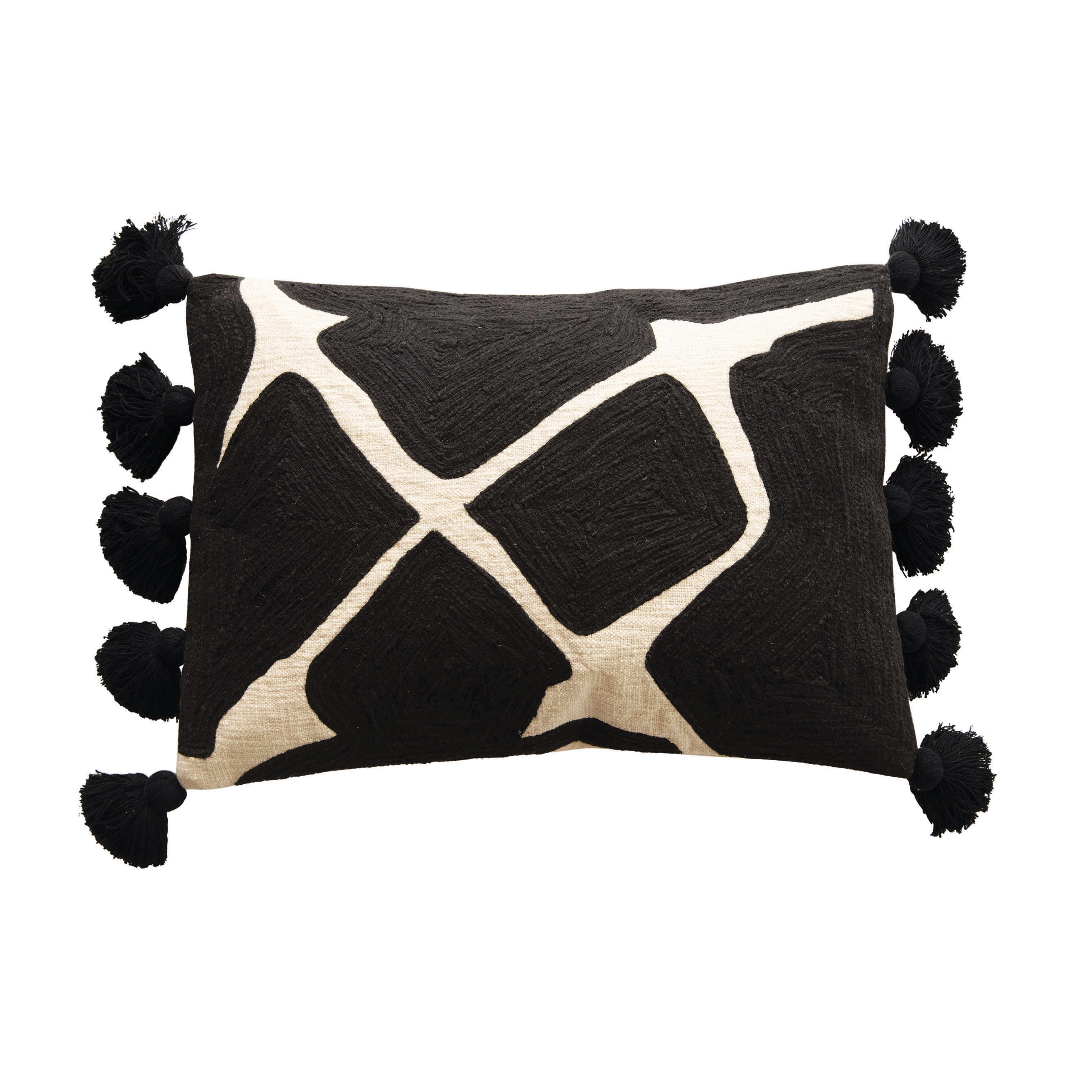 Cotton Embroidered Lumbar Pillow, Black & White - Image 0