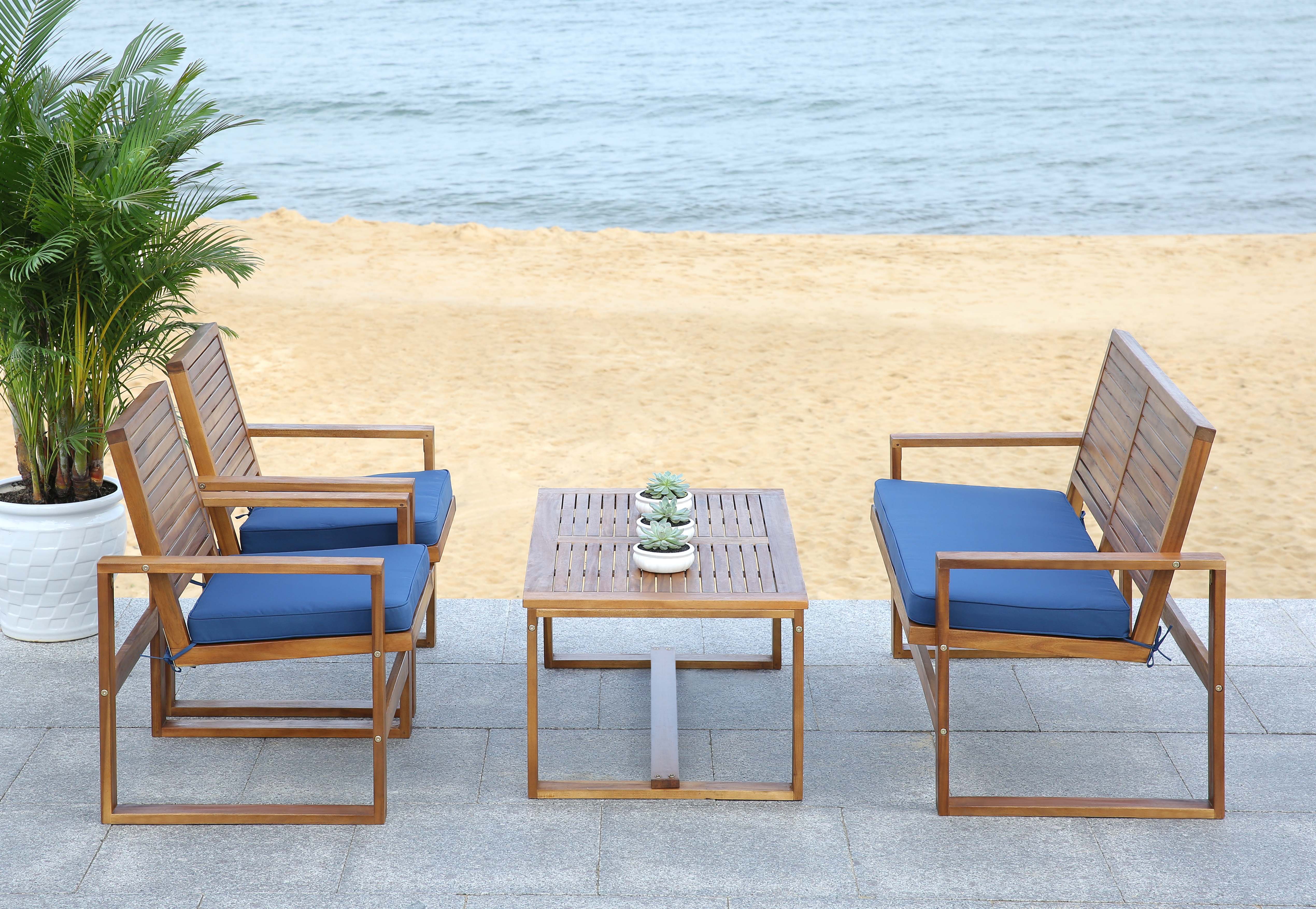 Ozark 4 Piece Outdoor Living Set - Brown/Navy - Safavieh - Image 4