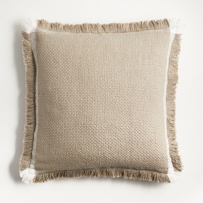 Weekend Sand Beige Organic Cotton Stripe 23x23 Throw Pillow with Down-Alternative Insert - Image 0
