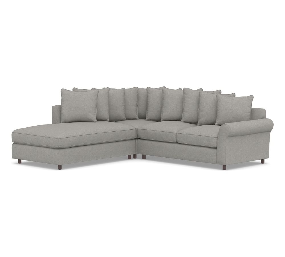 PB Comfort Roll Arm Upholstered Right 3-Piece Bumper Sectional, Box Edge Memory Foam Cushions, Performance Heathered Basketweave Platinum - Image 0