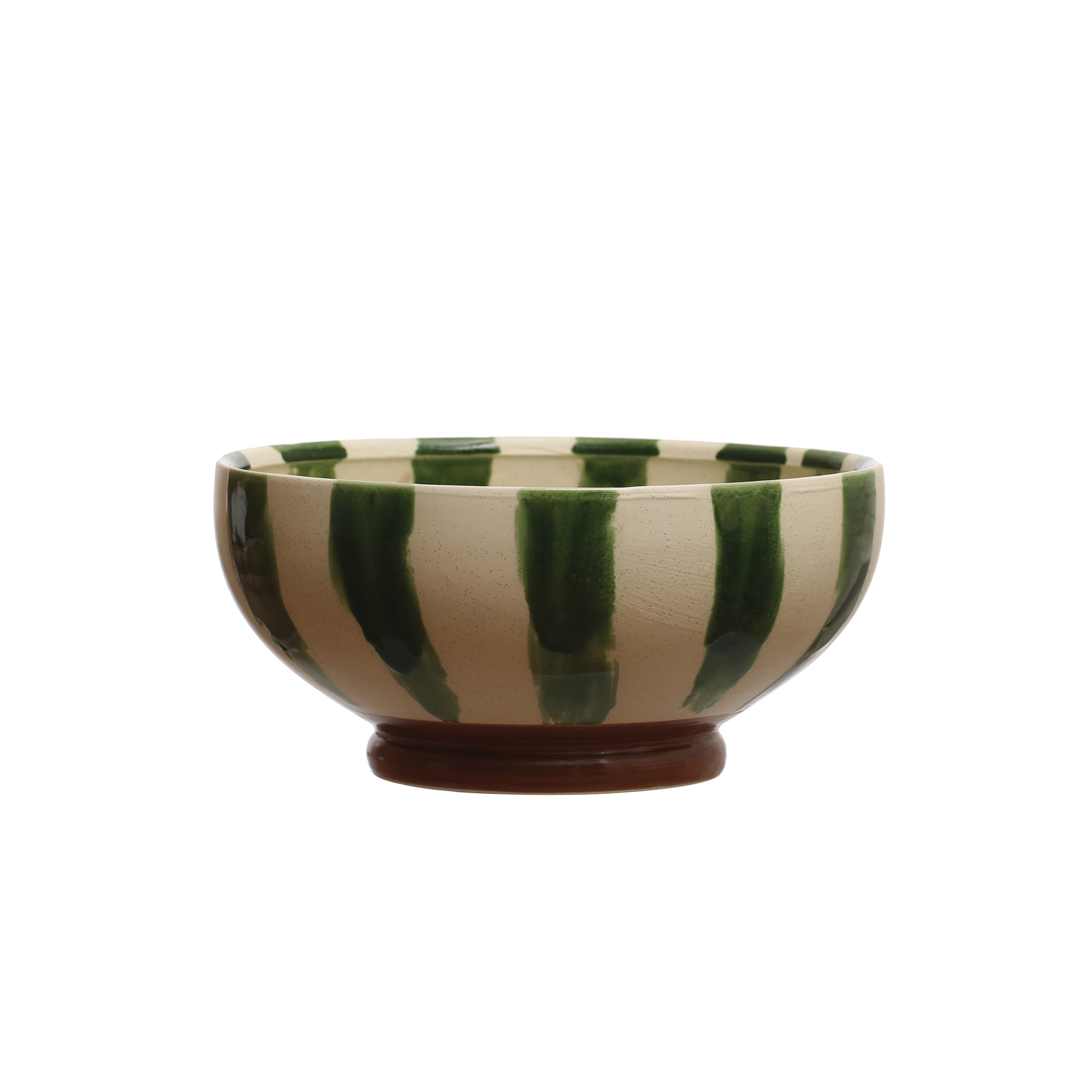 10.25 Inches Round Hand-Painted Stoneware Footed Bowl with Stripes and Reactive Glaze, Green, White and Brown - Image 0