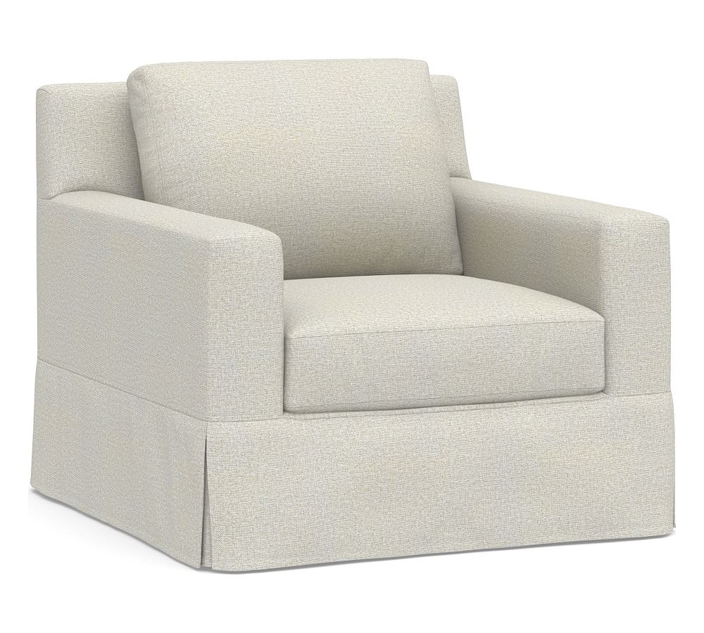 York Square Arm Slipcovered Armchair, Down Blend Wrapped Cushions, Performance Heathered Basketweave Dove - Image 0