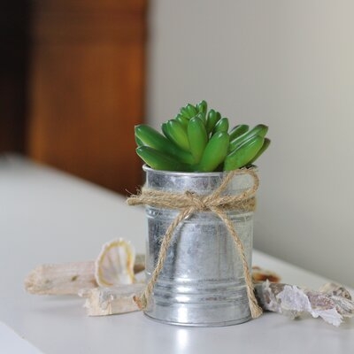 5" Green And Silver Colored Artificial Pachyveria Succulent In Tin Planter With Twine Bow - Image 0