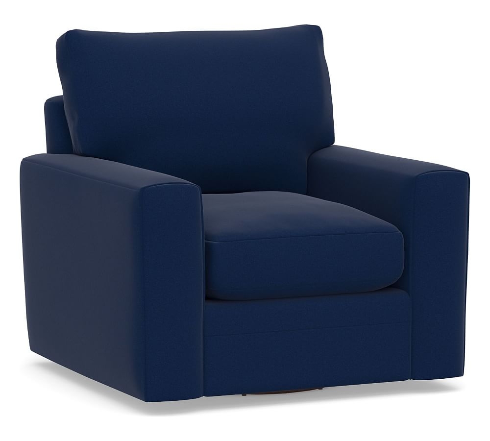 Pearce Modern Square Arm Upholstered Swivel Armchair, Down Blend Wrapped Cushions, Performance Everydayvelvet(TM) Navy - Image 0