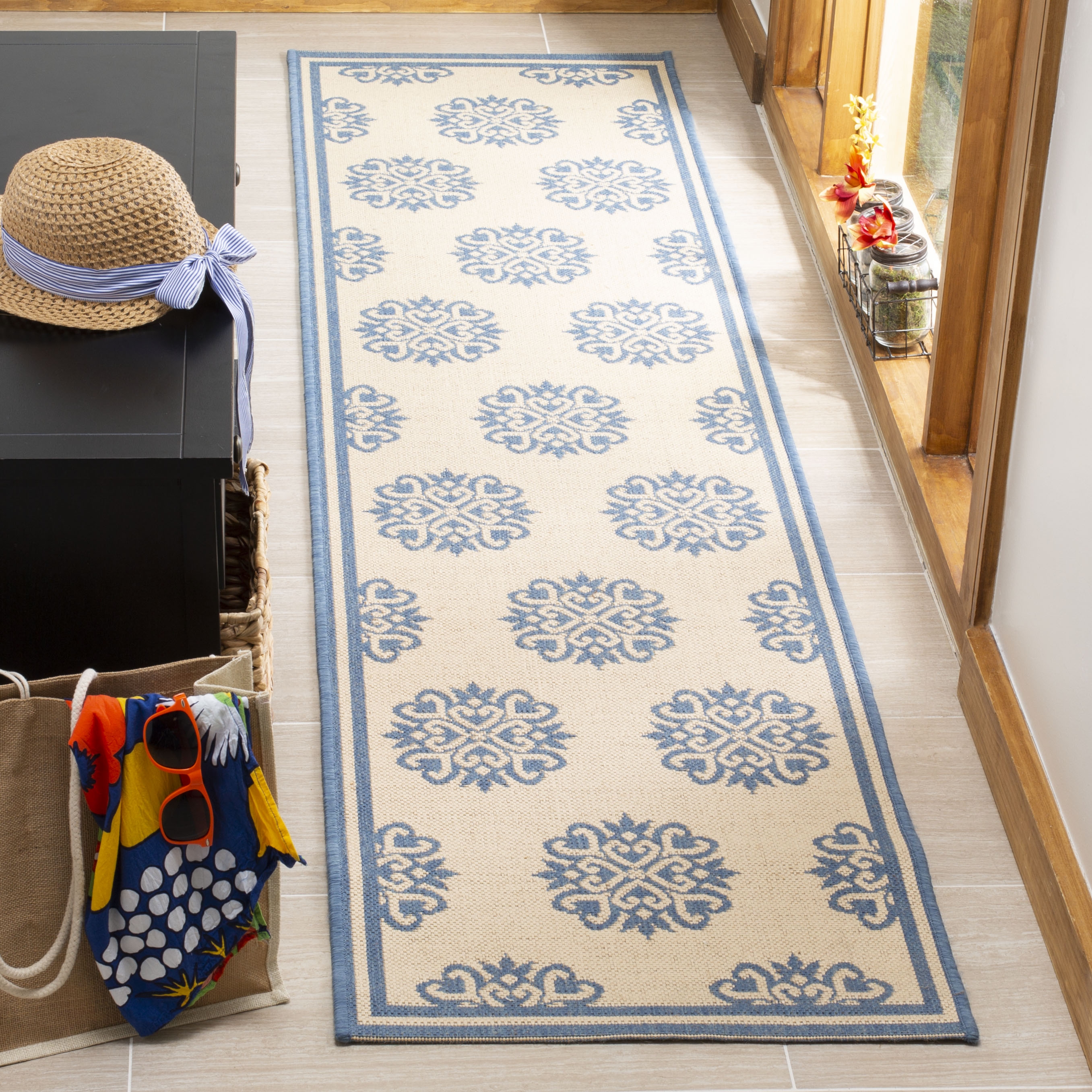 Arlo Home Indoor/Outdoor Woven Area Rug, LND181M, Blue/Cream,  2' X 8' - Image 1