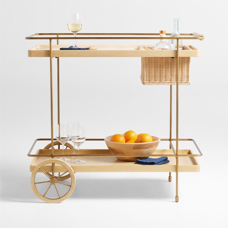 Wicker Park 36" Natural Oak Wood and Marble Bar Cart - Image 2