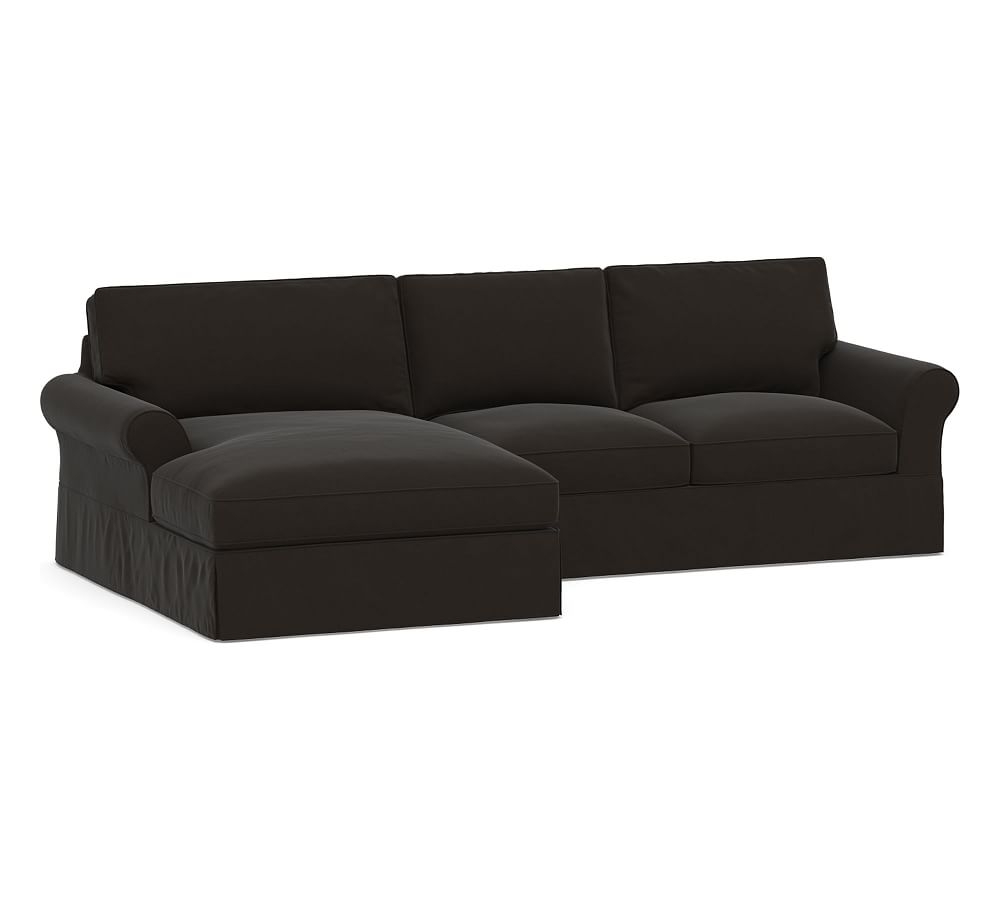 PB Comfort Roll Arm Slipcovered Right Arm Loveseat with Double Wide Chaise Sectional, Box Edge, Down Blend Wrapped Cushions, Performance Everydayvelvet(TM) Smoke - Image 0