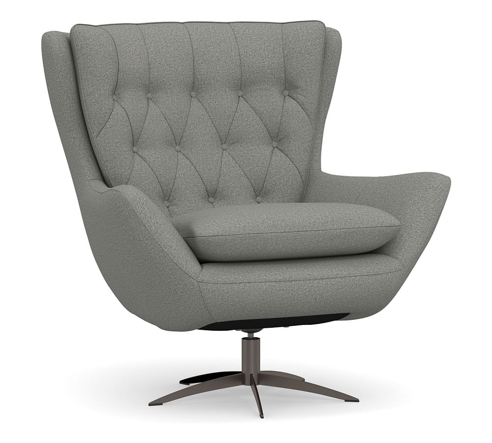 Wells Upholstered Tufted Swivel Armchair with Bronze Base, Polyester Wrapped Cushions, Heathered Chenille Charcoal - Image 0