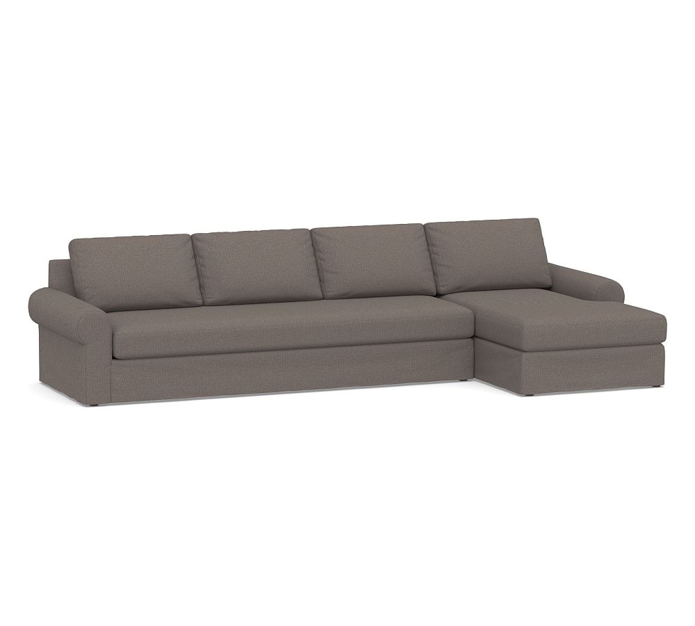 Big Sur Roll Arm Slipcovered Left Arm Grand Sofa with Chaise Sectional and Bench Cushion, Down Blend Wrapped Cushions, Performance Brushed Basketweave Charcoal - Image 0