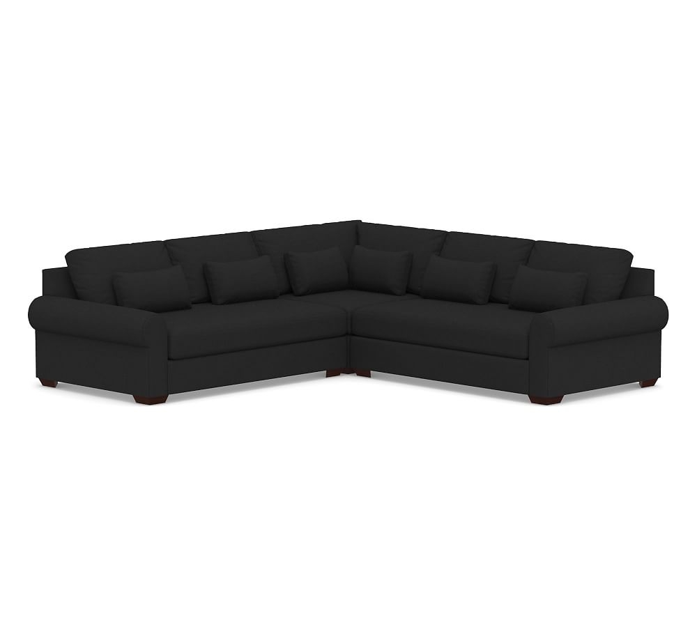 Big Sur Roll Arm Upholstered Deep Seat 3-Piece L-Shaped Corner Sectional with Bench Cushion, Down Blend Wrapped Cushions, Textured Basketweave Black - Image 0