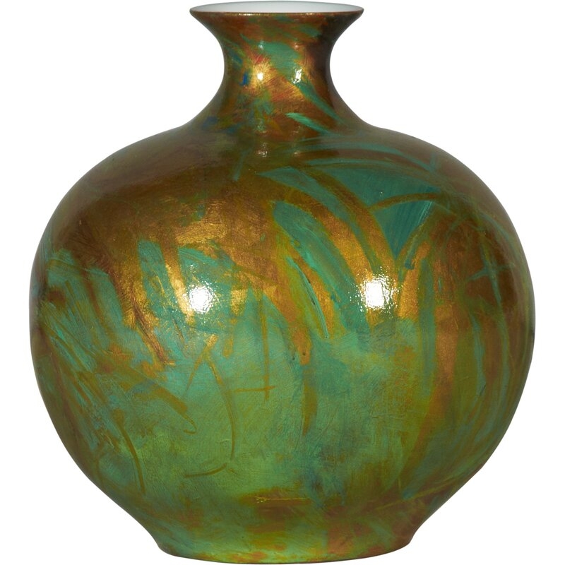 Kravet Swirls Green/Gold 17"" Ceramic Table Vase - Image 0