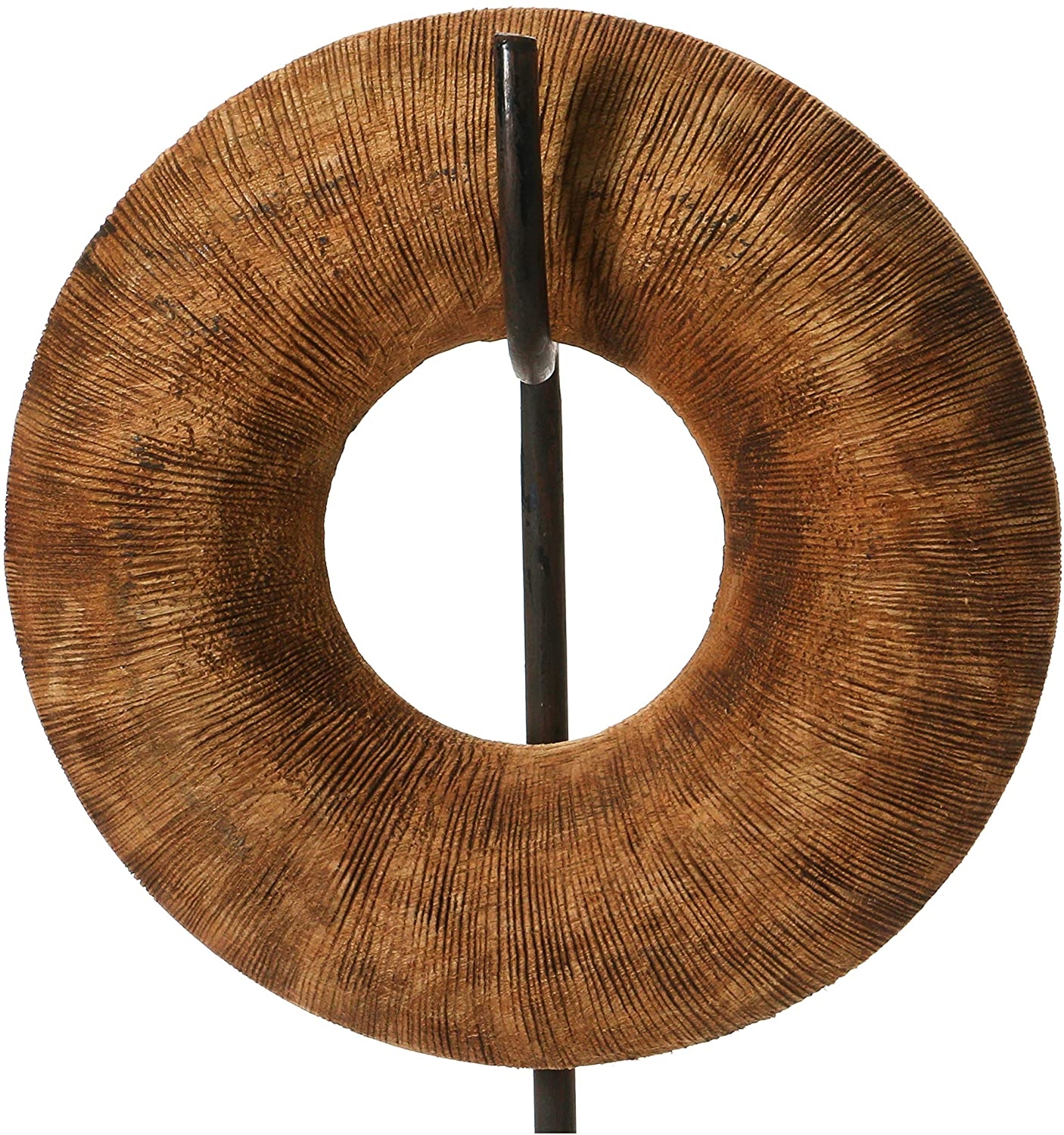 Hand-Carved Mango Wood Circle Object on Metal & Wood Stand, Set of 2 - Image 4