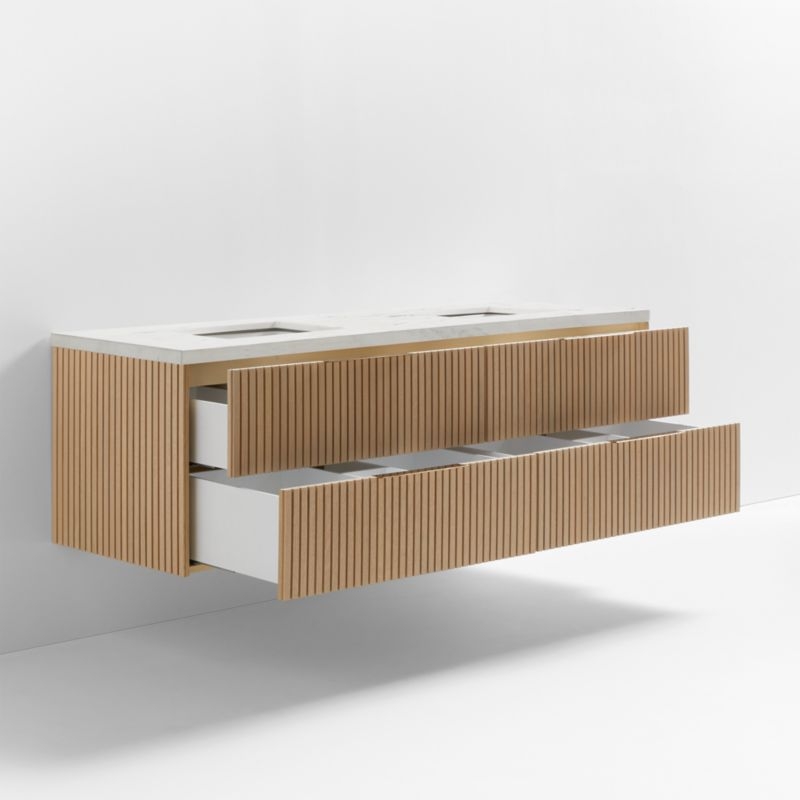 Batten 72" White Marble Top and Oak Wood Double Sink Floating Vanity - Image 7