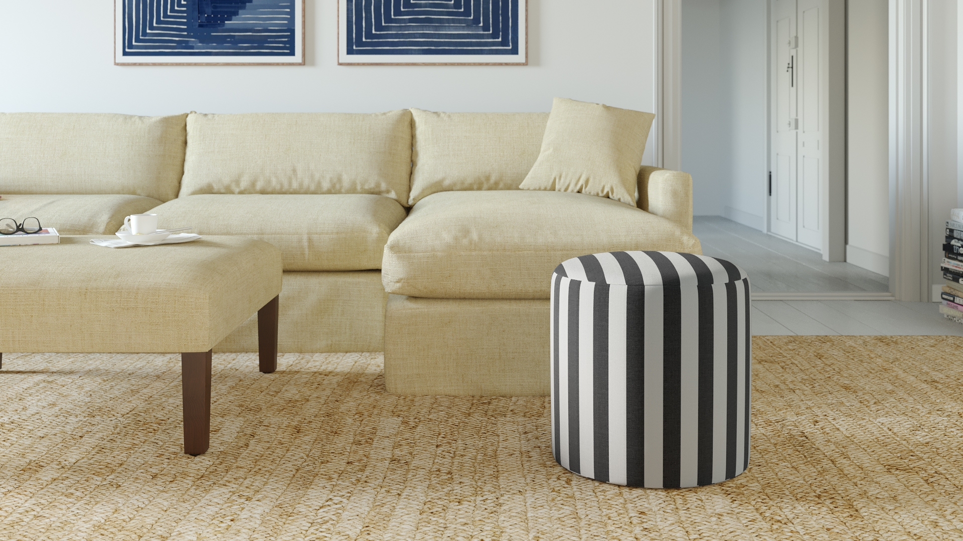 Drum Ottoman, Ink Cabana Stripe - Image 1