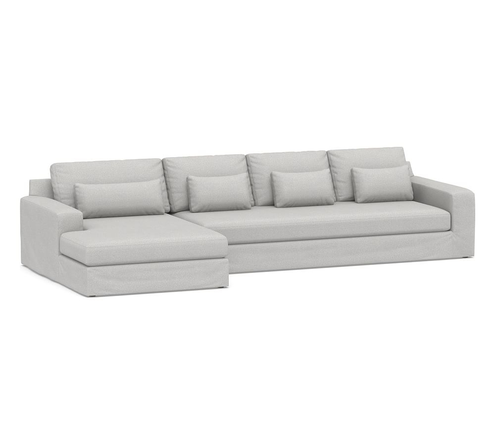 Big Sur Square Arm Slipcovered Deep Seat Right Arm Grand Sofa with Double Chaise Sectional and Bench Cushion, Down Blend Wrapped Cushions, Park Weave Ash - Image 0