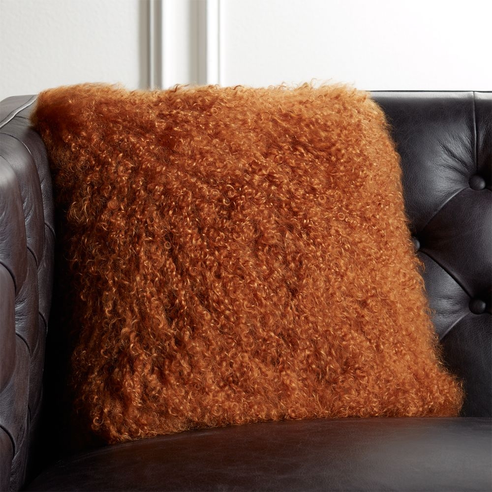 16" Mongolian Sheepskin Copper Fur Pillow with Feather-Down Insert - Image 0