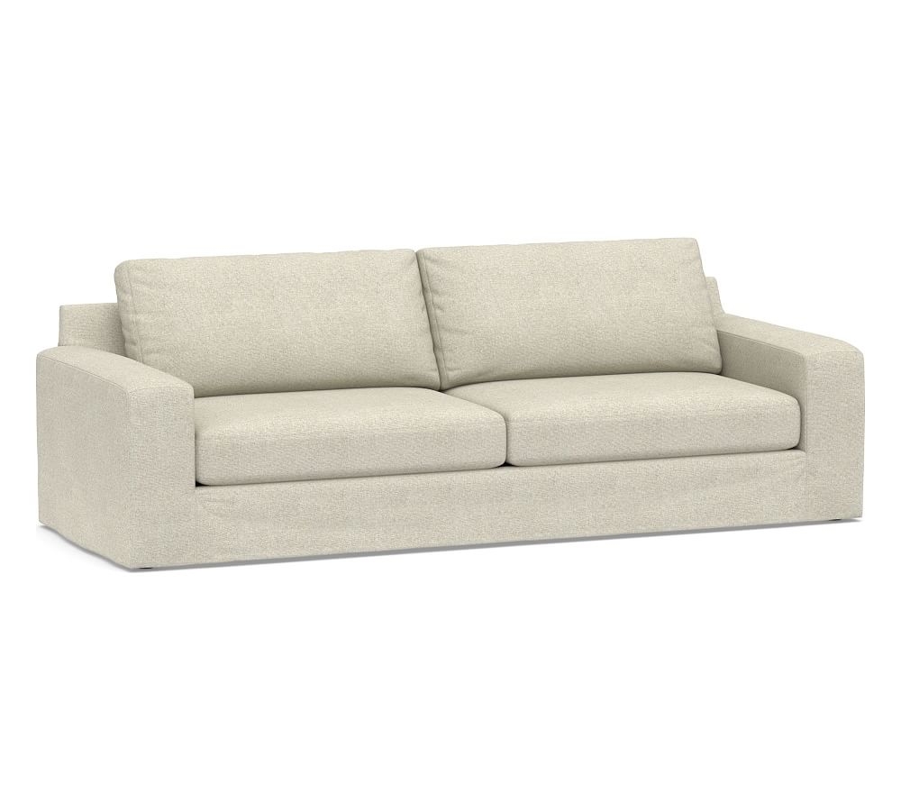Big Sur Square Arm Slipcovered Grand Sofa 105" 2-Seater, Down Blend Wrapped Cushions, Performance Heathered Basketweave Alabaster White - Image 0