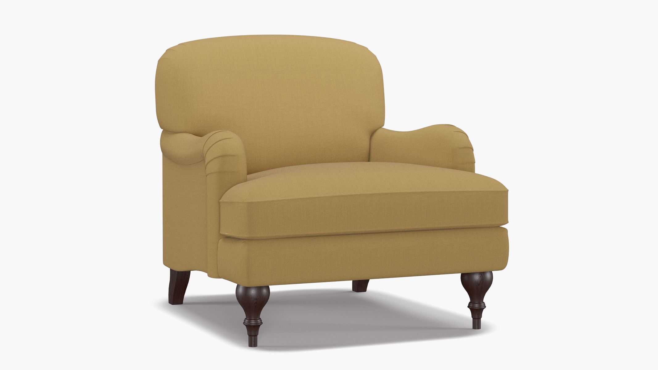 English Roll Arm Chair, French Yellow Everyday Linen, Espresso Turned Wood Leg - Image 1