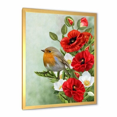 Yellow Bird With Red Poppies And White Anemones - Traditional Canvas Wall Art Print-FDP37112 - Image 0