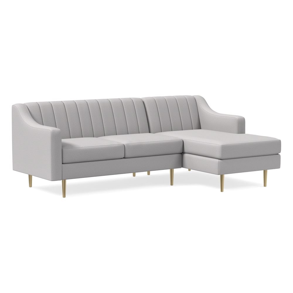 Olive 86" Right Channel Back 2-Piece Chaise Sectional, Swoop Arm, Chenille Tweed, Frost Gray, Brass - Image 0