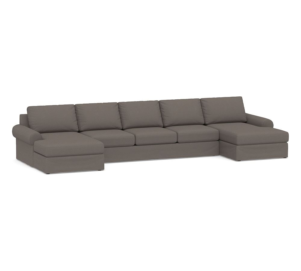 Big Sur Roll Arm Slipcovered U-Chaise Grand Sofa Sectional, Down Blend Wrapped Cushions, Performance Heathered Tweed Graphite - Image 0
