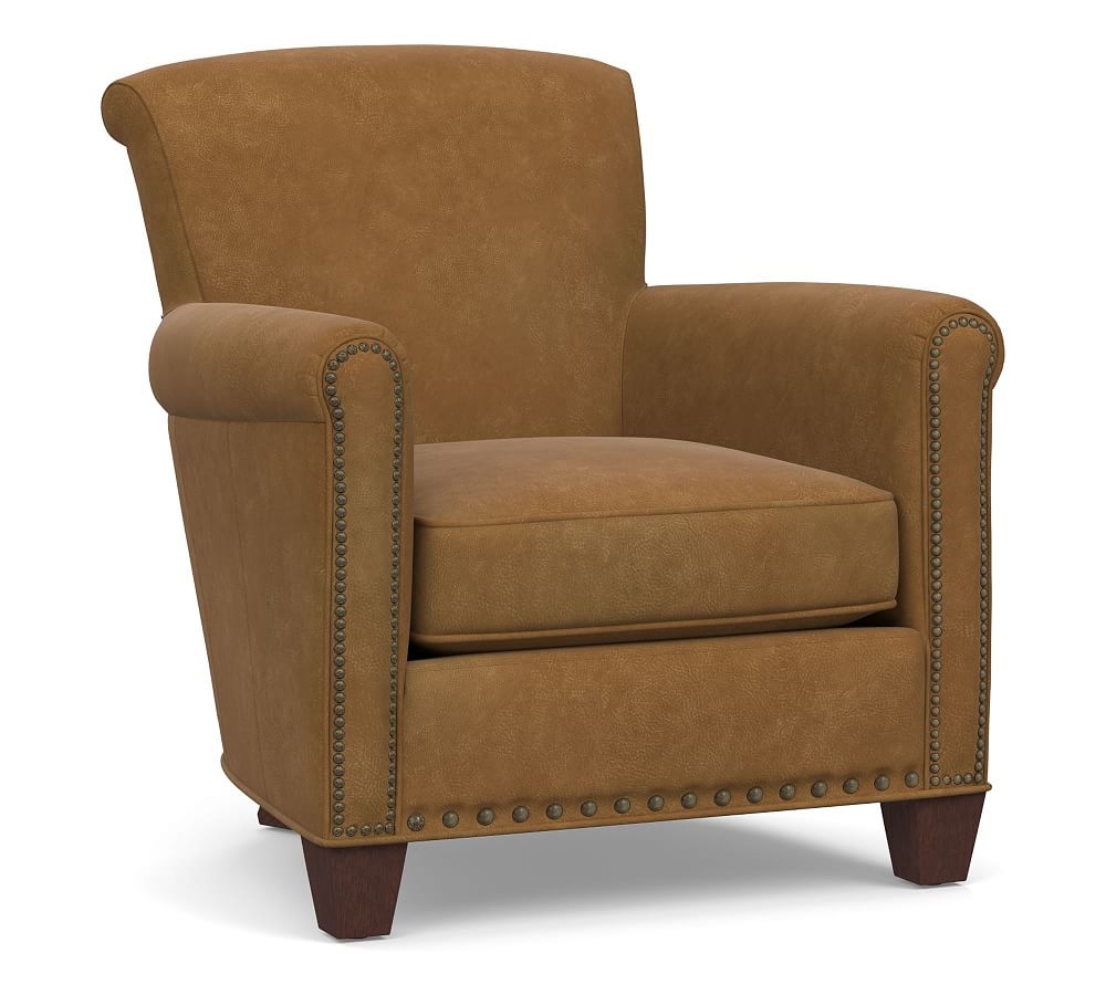 Irving Roll Arm Leather Armchair, Bronze Nailheads, Polyester Wrapped Cushions, Nubuck Camel - Image 0