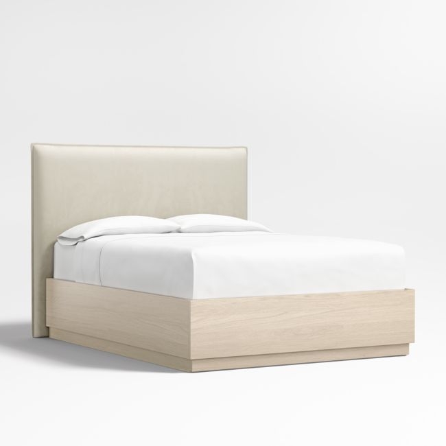 Arvada 54" Beige Upholstered Queen Headboard with Batten White Oak Storage Bed Base - Image 0