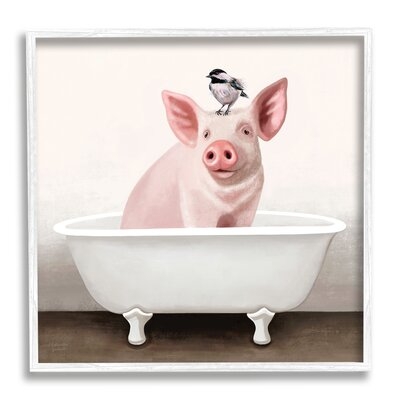 Cottage Pink Pig With Sparrow Perched In Tub - Image 0