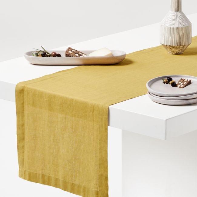 Marin 120" Olive Yellow EUROPEAN FLAX ™-Certified Linen Table Runner - Image 0