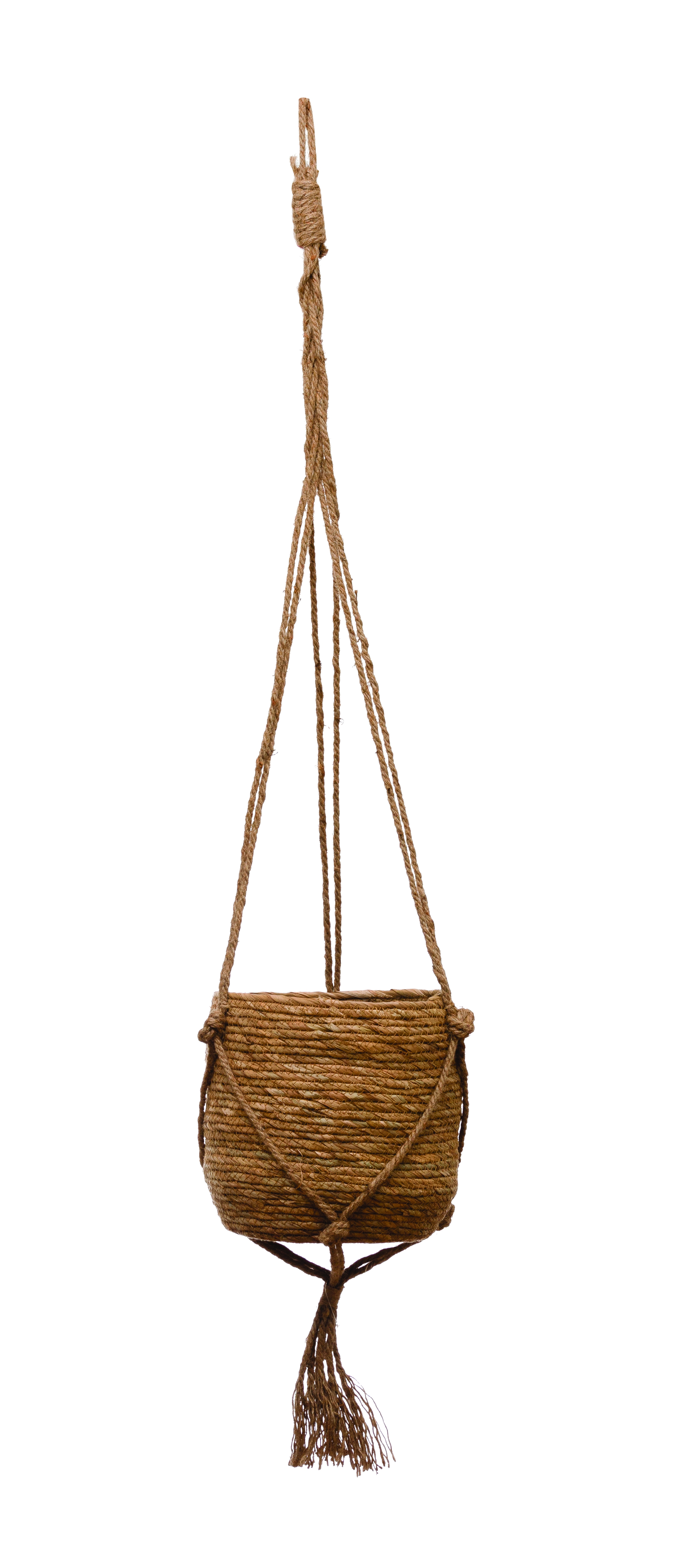 Round Hanging Straw Planter with Long Jute Rope and Tassel, Natural - Image 0