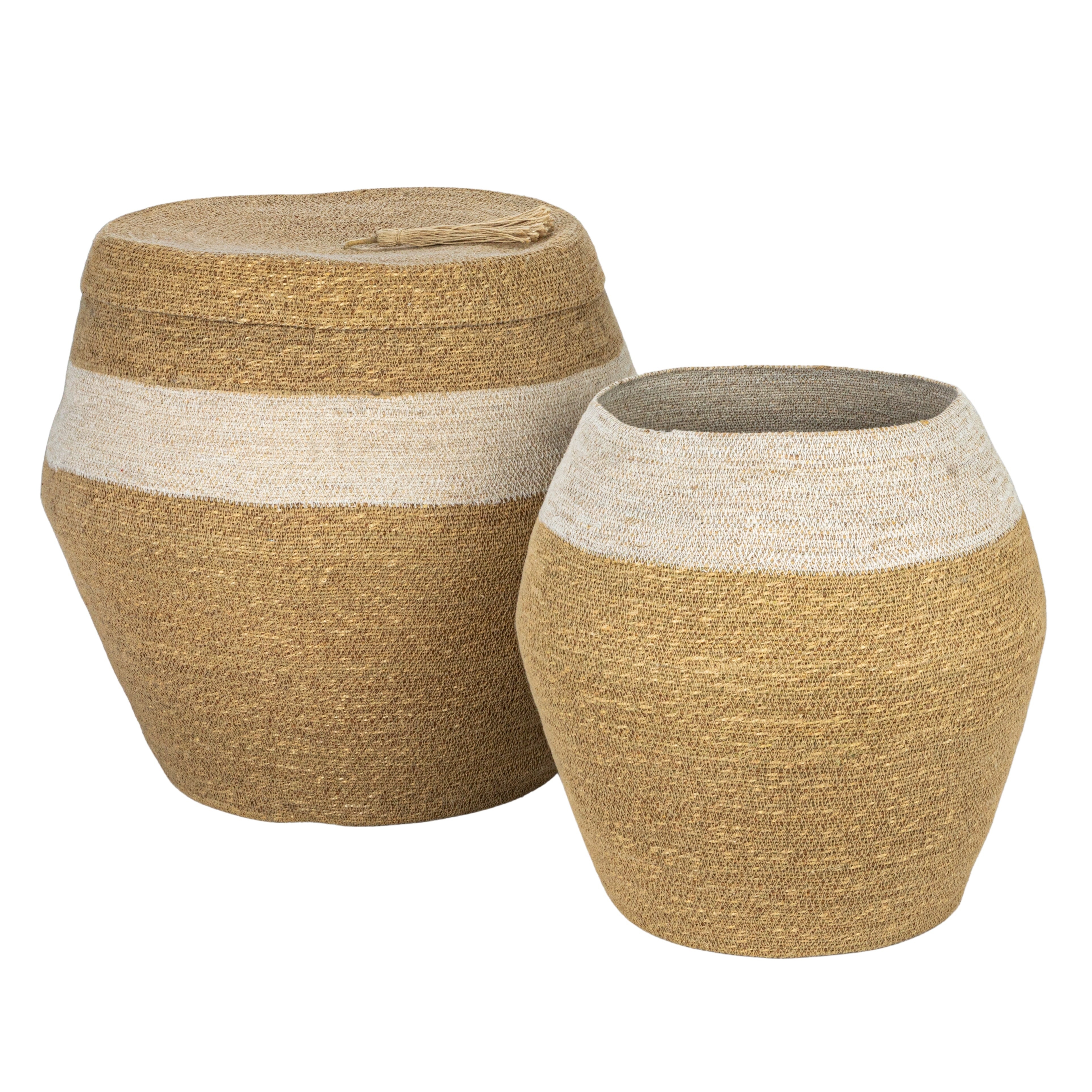 Seagrass Woven Baskets with Lid, Stripe and Tassel, Natural and White, Set of 2 - Image 0