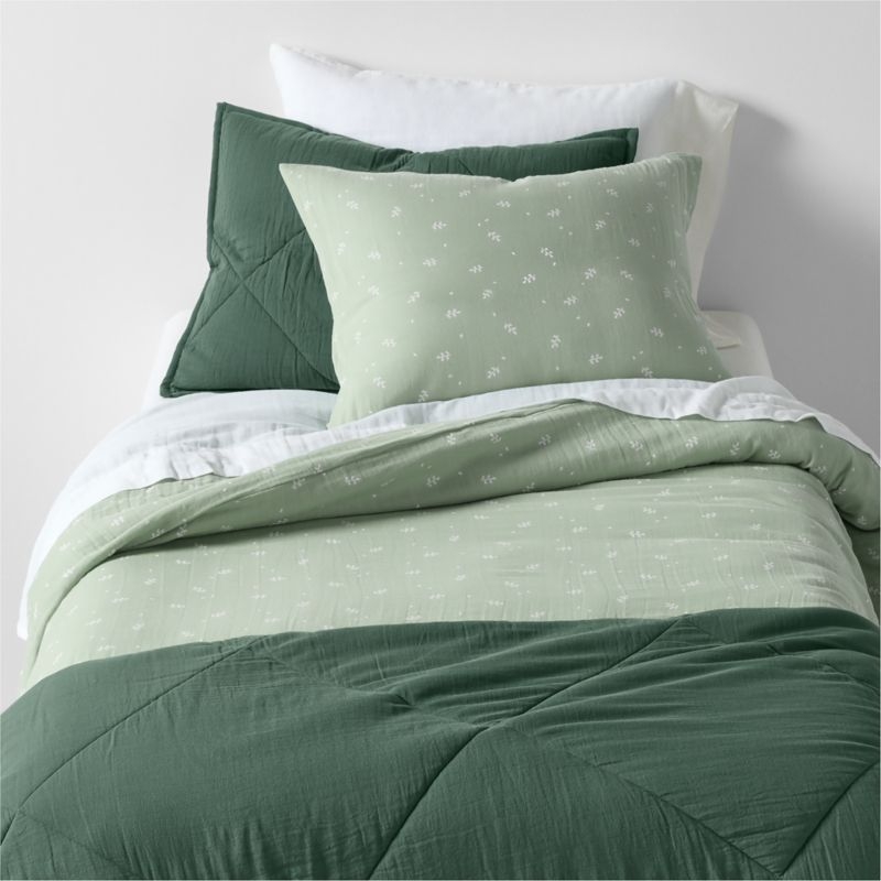 Supersoft Muted Teal Leaf Print Organic Cotton Gauze Kids Pillow Sham - Image 1