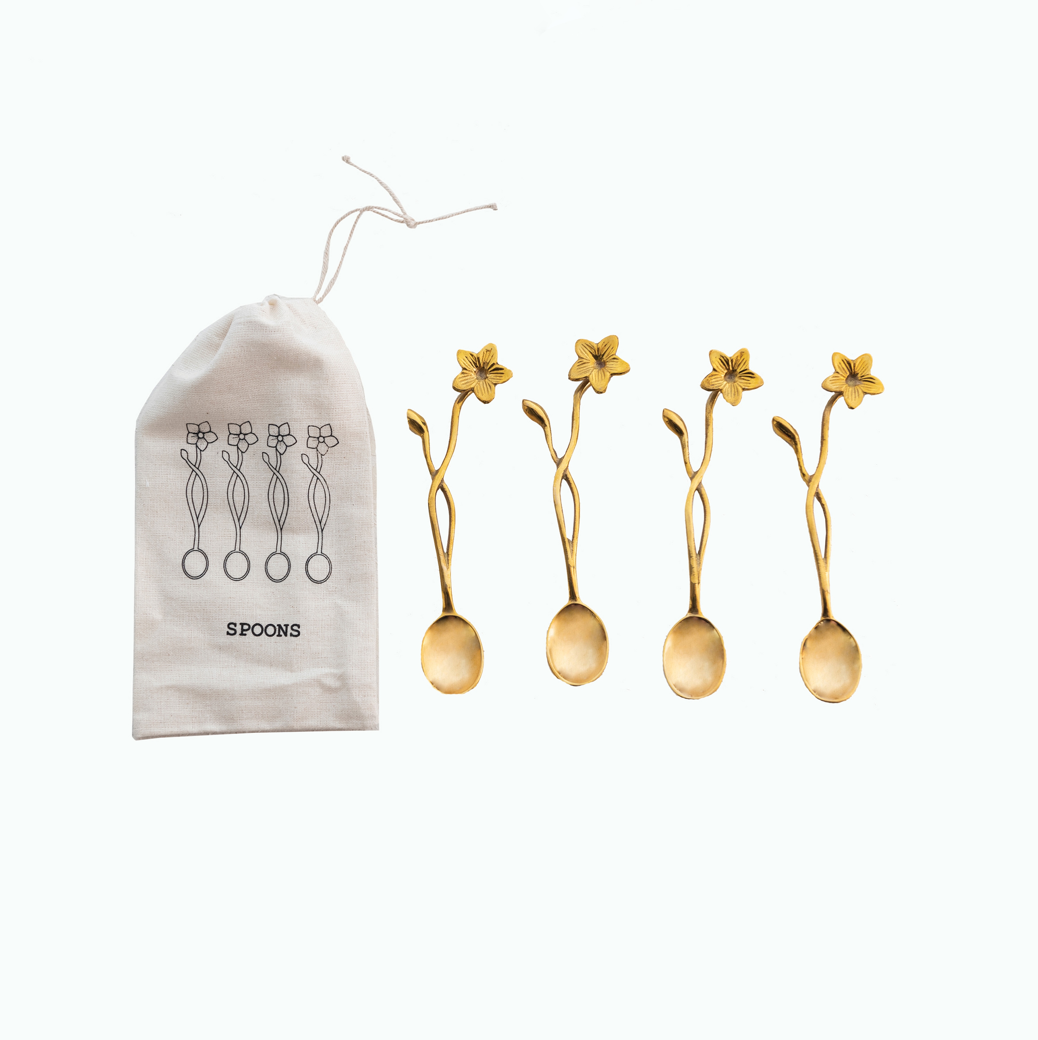 Farmhouse Brass Spoons with Flower Handles in Drawstring Bag, Brass Finish - Image 0