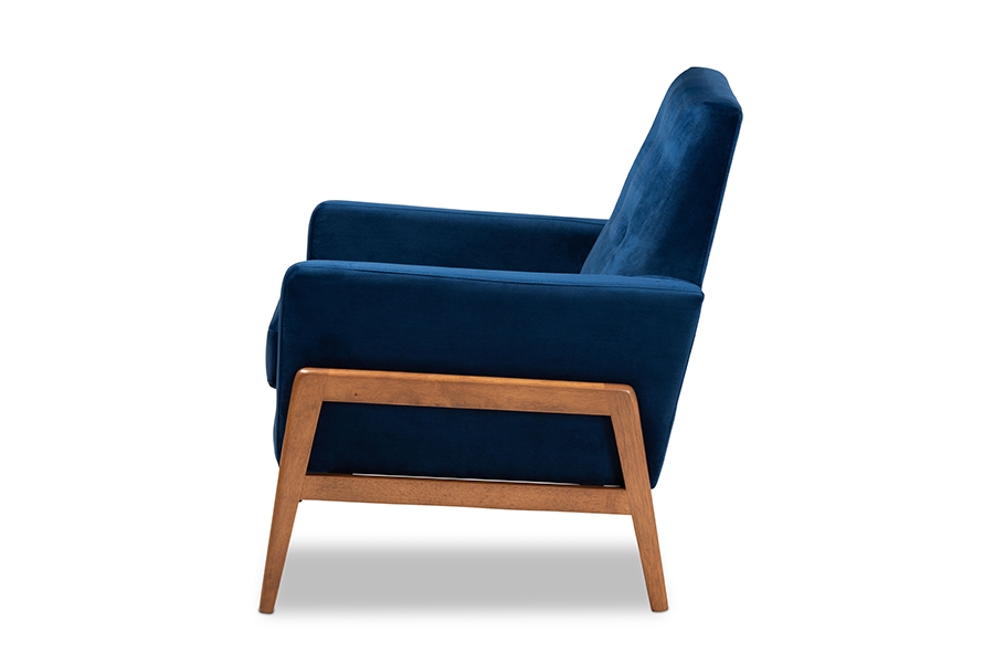Perris Mid-Century Modern Navy Blue Velvet Fabric Upholstered and Walnut Brown Finished Wood Lounge Chair - Image 3